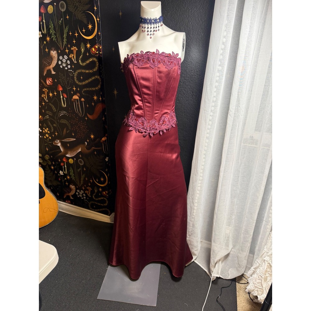 Lenovia Burgundy Satin Corset Lace Up Two Piece Formal Prom Dress Set Small